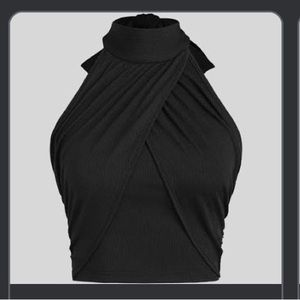 cider Cross Halter Backless Knit Top black